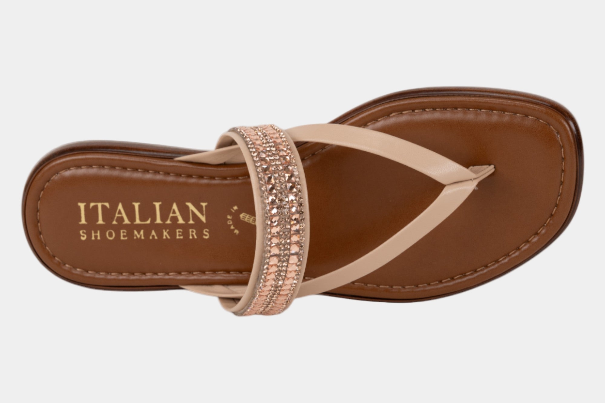 Brown sandal with beige strap on a white background, labeled 'Italian Shoemakers'